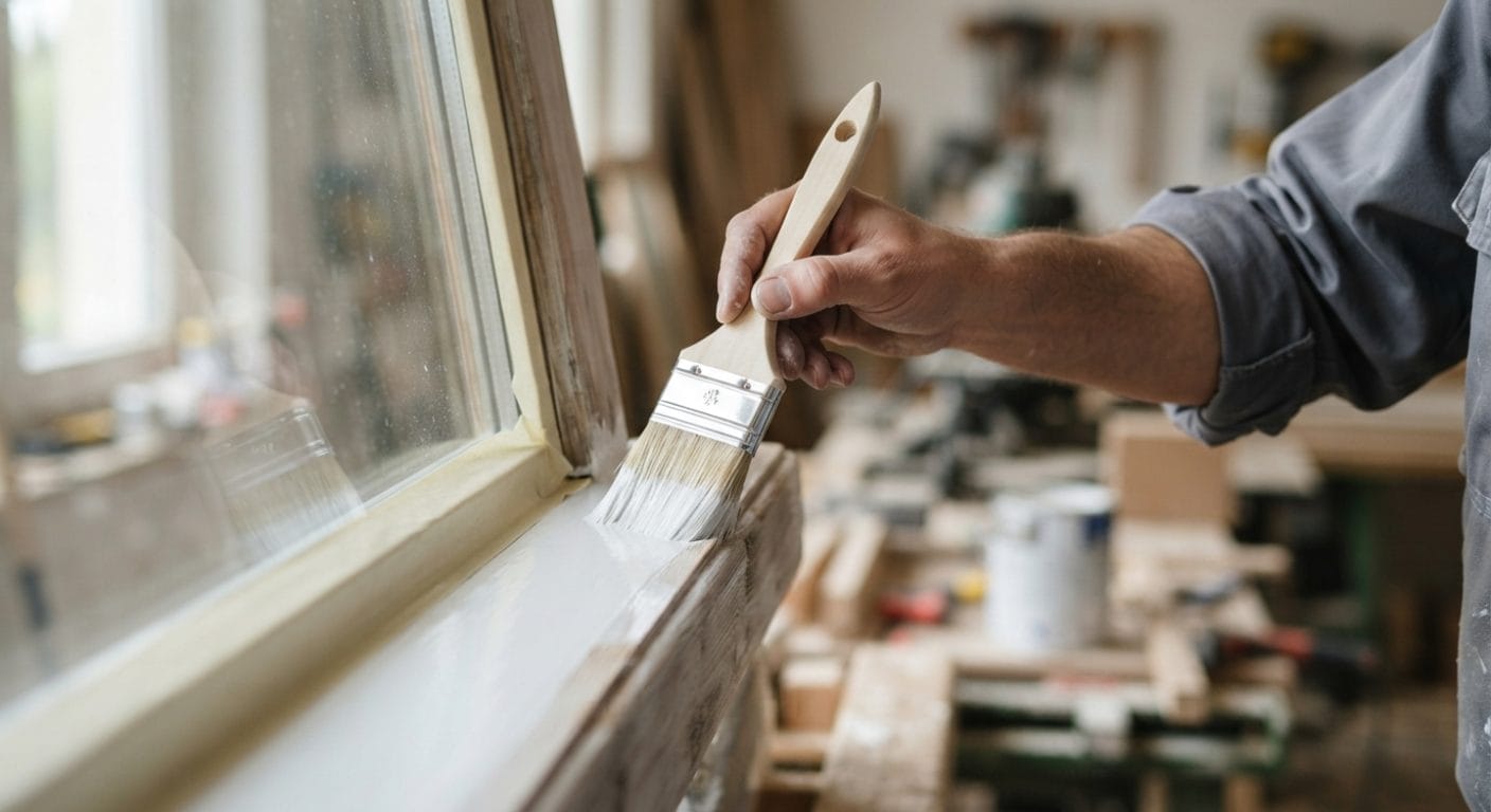 Maler lackiert einen Holzfensterrahmen mit weißem Kunstharzlack und Flachpinsel