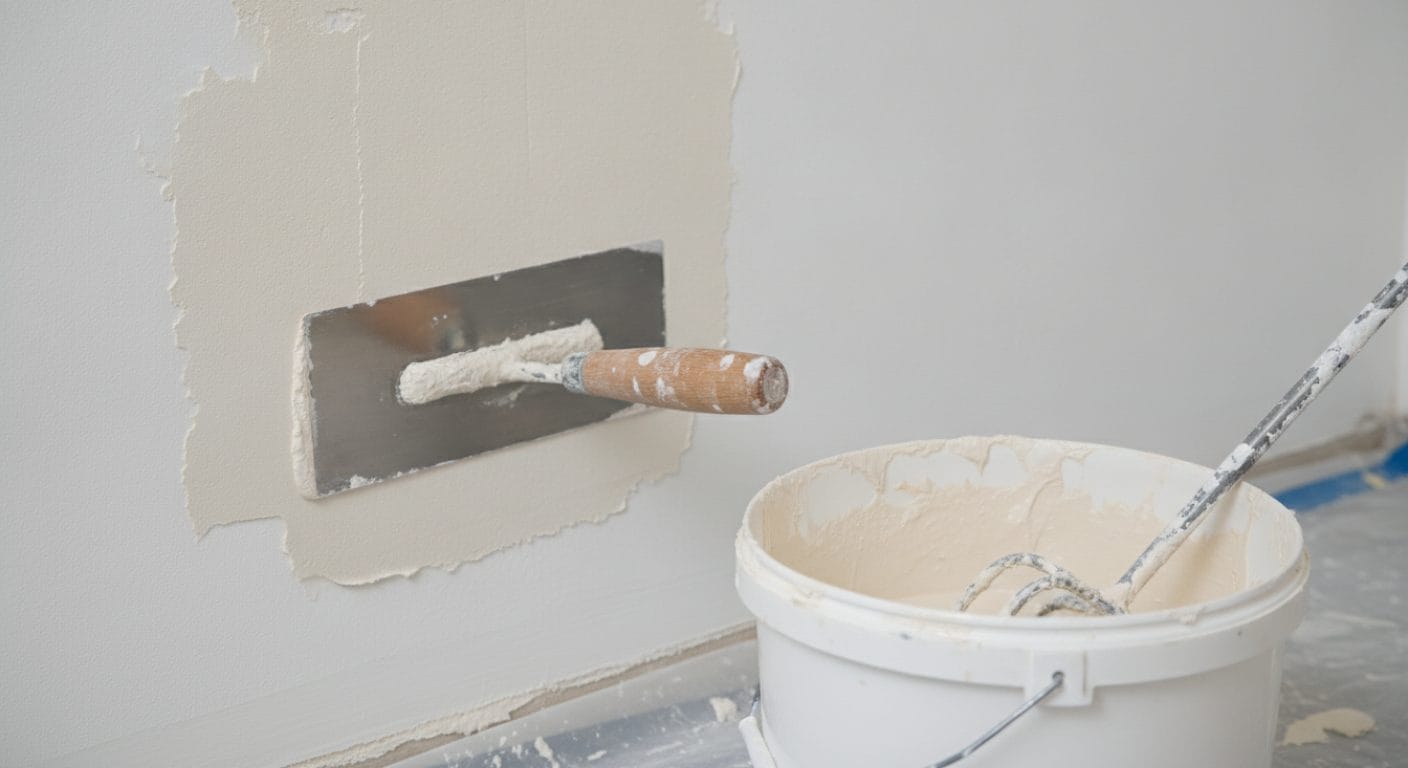 Glättkelle zieht Spachtelmasse auf einer Wand glatt